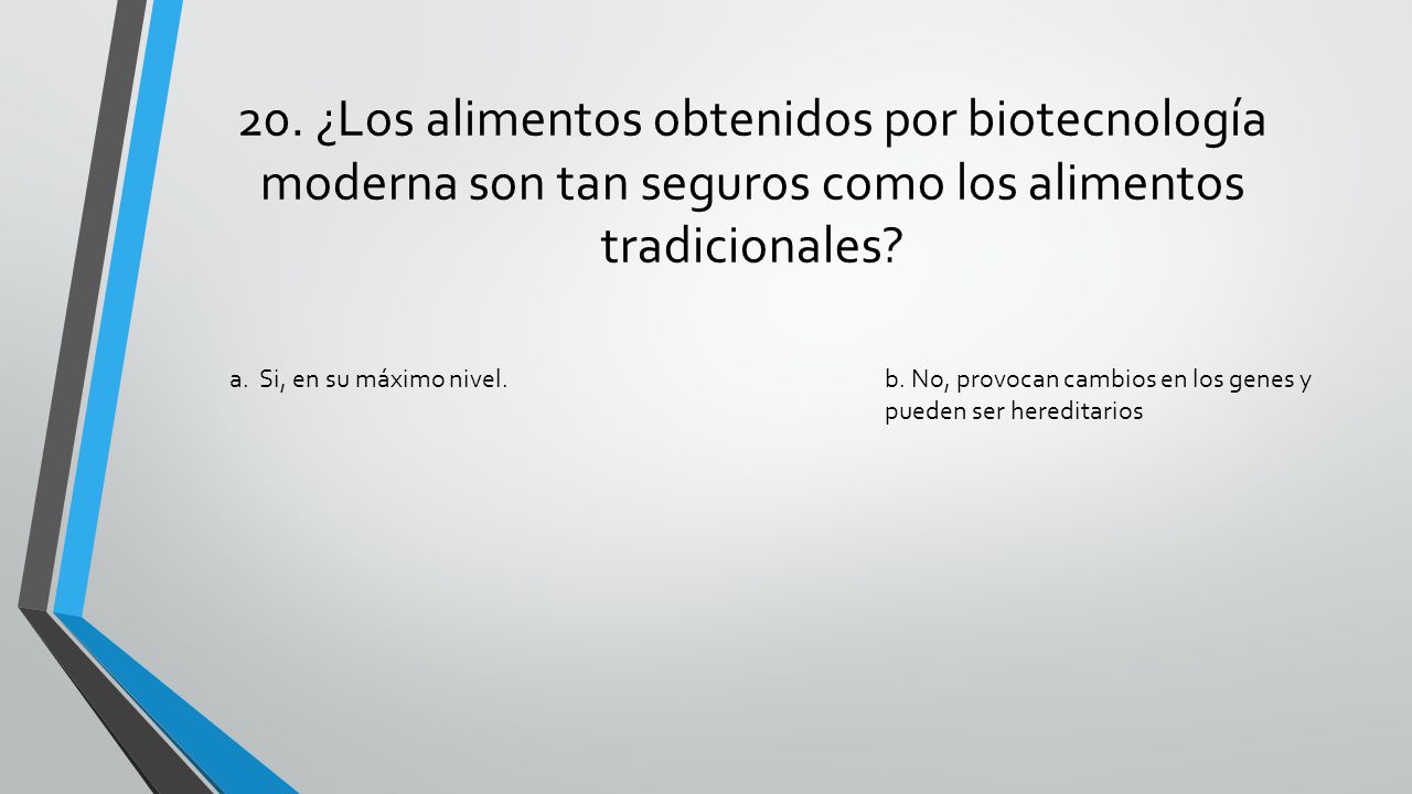 20. ¿Los alimentos obtenidos por biotecnología moderna son tan seguros como los alimentos tradicionales