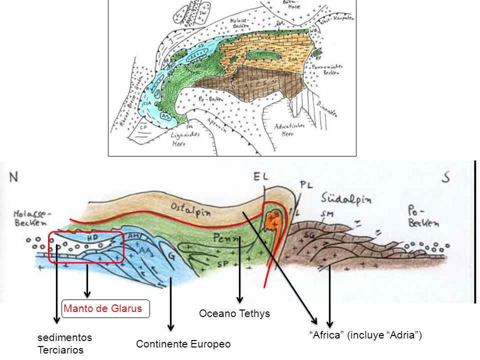 Manto de Glarus Oceano Tethys sedimentos Terciarios Africa (incluye Adria ) Continente Europeo