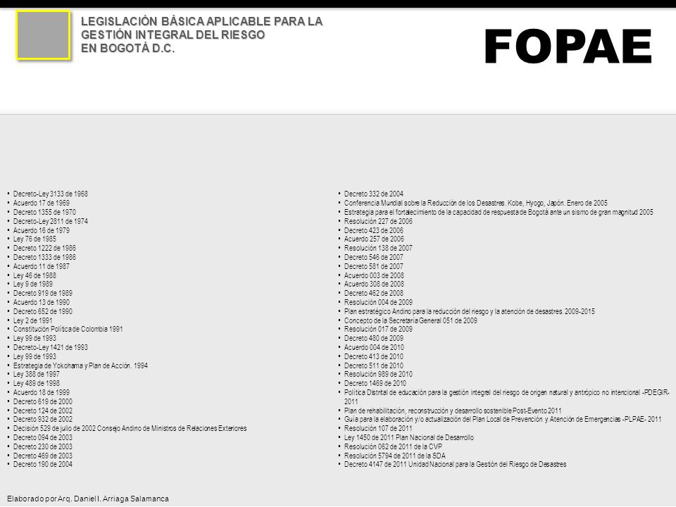FOPAE LEGISLACIÓN BÁSICA APLICABLE PARA LA GESTIÓN INTEGRAL DEL RIESGO