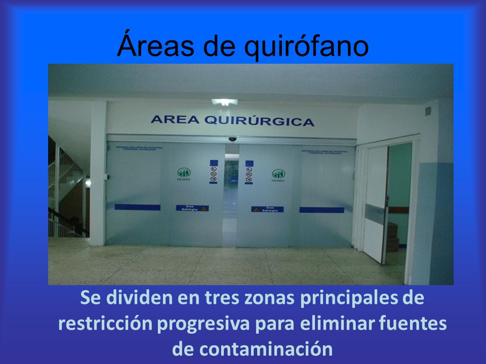 Áreas de quirófano Se dividen en tres zonas principales de restricción progresiva para eliminar fuentes de contaminación.
