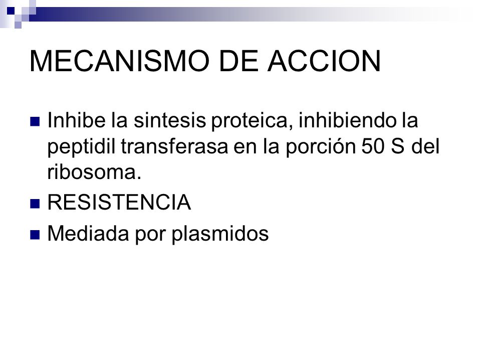 MECANISMO DE ACCION Inhibe la sintesis proteica, inhibiendo la peptidil transferasa en la porción 50 S del ribosoma.