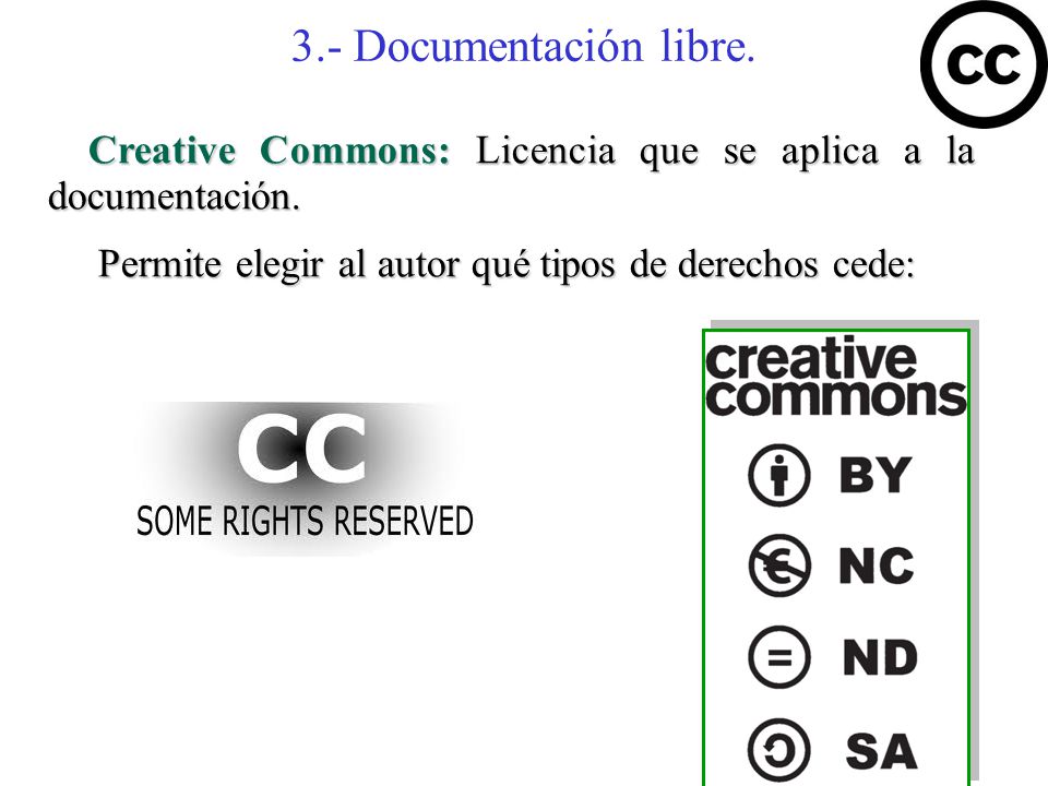 3.- Documentación libre. Creative Commons: Licencia que se aplica a la documentación.