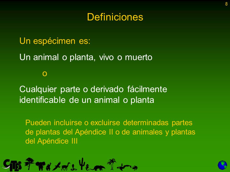 Definiciones Un espécimen es: Un animal o planta, vivo o muerto o