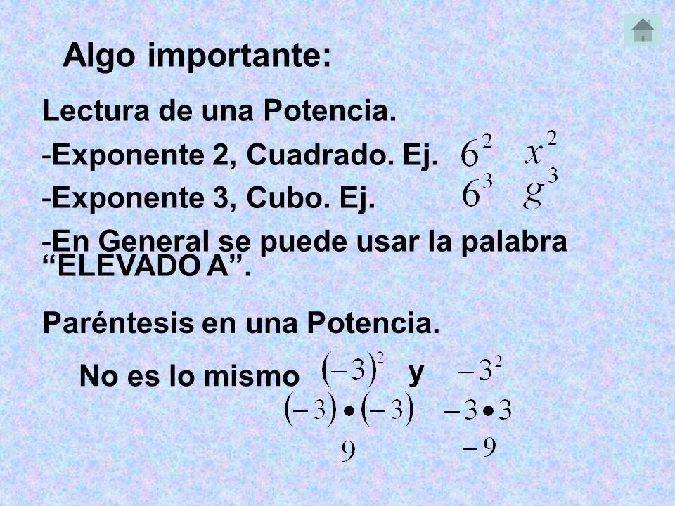 Algo importante: Lectura de una Potencia. Exponente 2, Cuadrado. Ej.