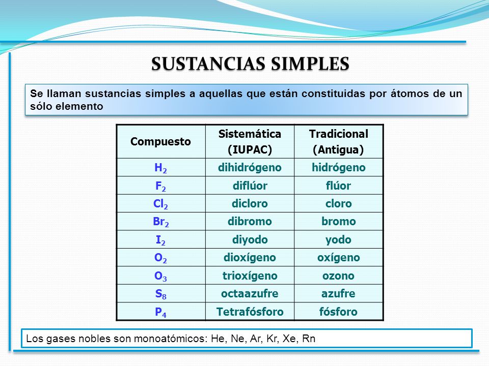 SUSTANCIAS SIMPLES Se llaman sustancias simples a aquellas que están constituidas por átomos de un sólo elemento.