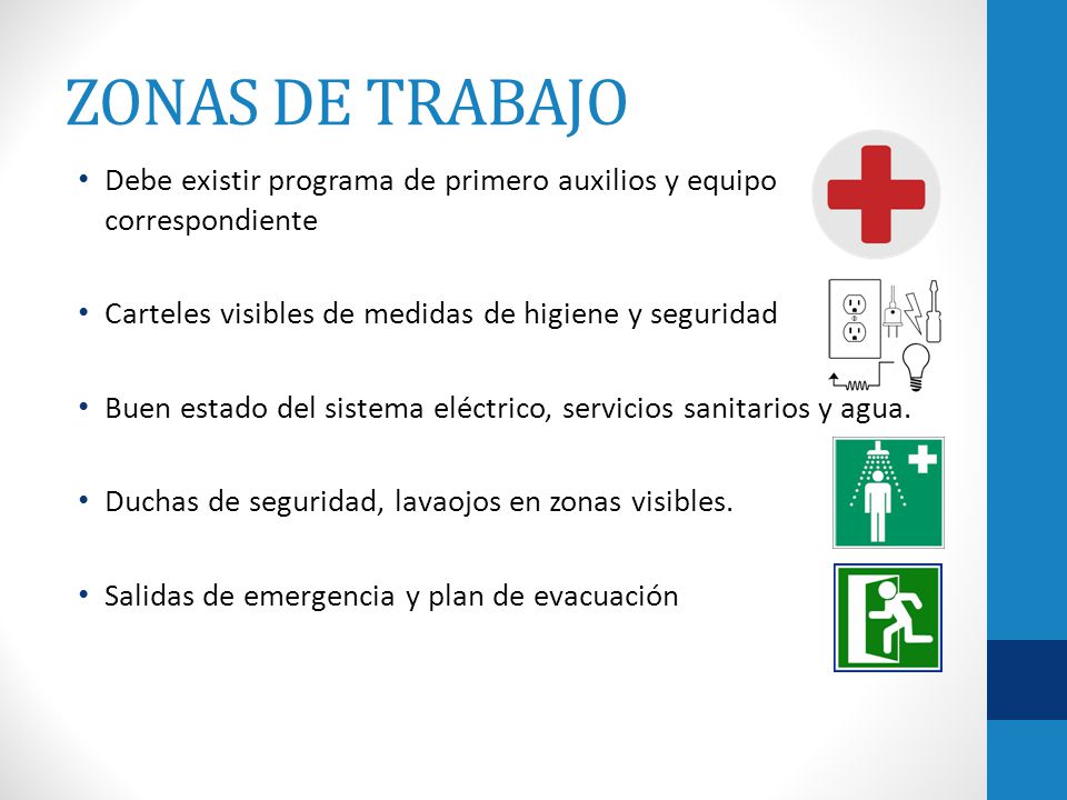 ZONAS DE TRABAJO Debe existir programa de primero auxilios y equipo correspondiente. Carteles visibles de medidas de higiene y seguridad.