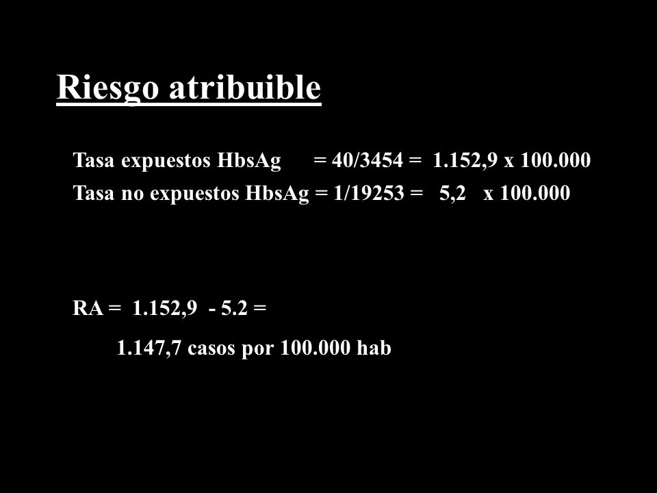 Riesgo atribuible Tasa expuestos HbsAg = 40/3454 = 1.152,9 x