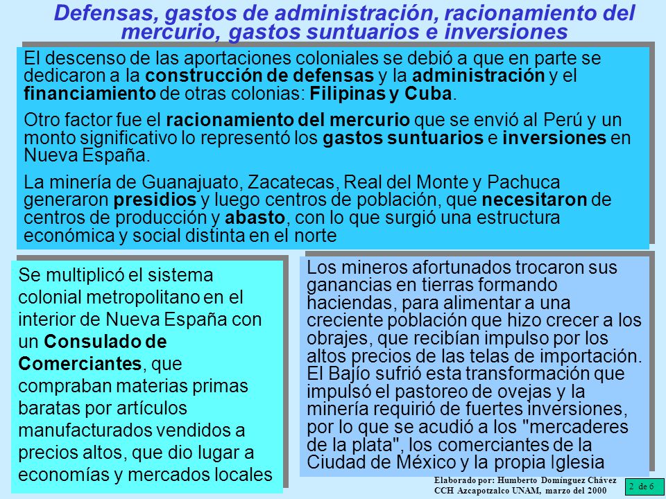 Defensas, gastos de administración, racionamiento del mercurio, gastos suntuarios e inversiones