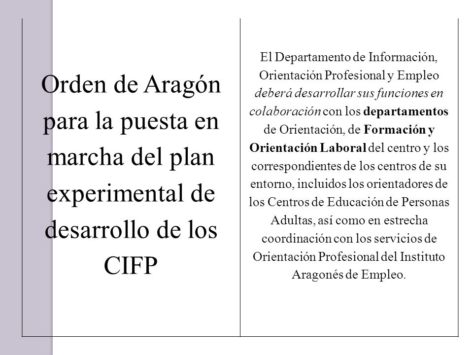 Orden de Aragón para la puesta en marcha del plan experimental de desarrollo de los CIFP