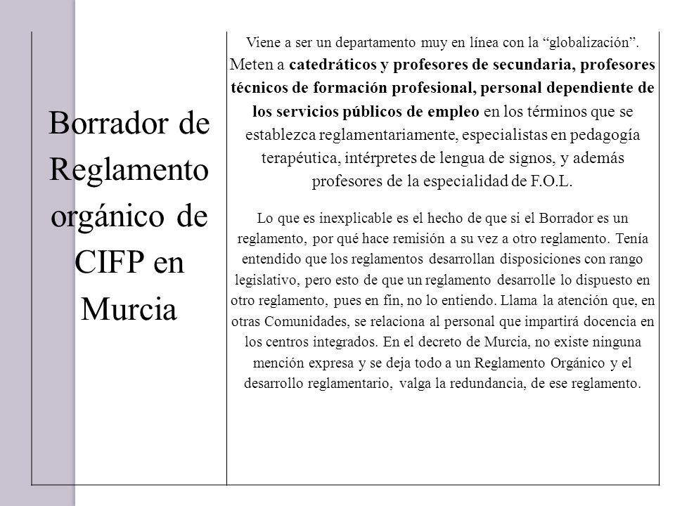 Borrador de Reglamento orgánico de CIFP en Murcia