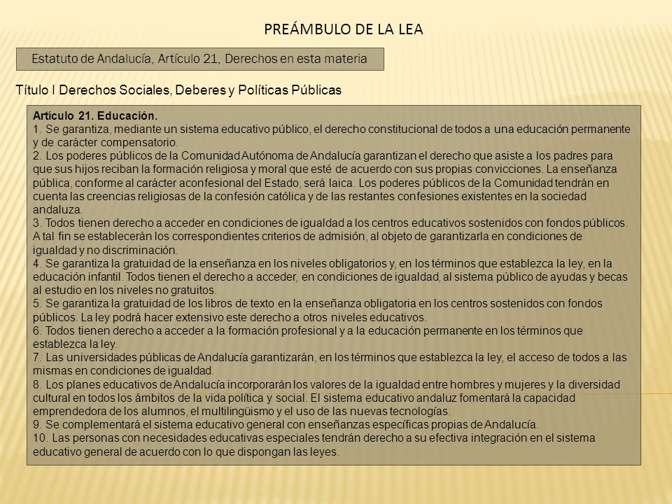 PREÁMBULO DE LA LEA Estatuto de Andalucía, Artículo 21, Derechos en esta materia. Título I Derechos Sociales, Deberes y Políticas Públicas.