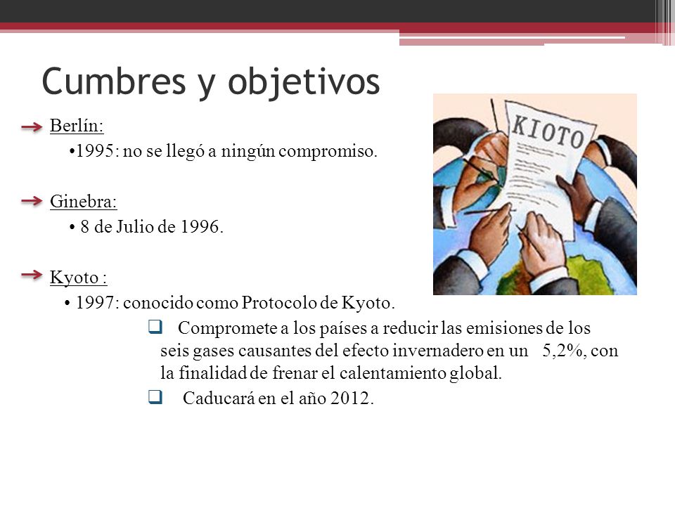Cumbres y objetivos Berlín: •1995: no se llegó a ningún compromiso.