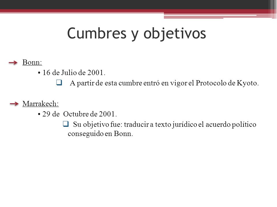 Cumbres y objetivos Bonn: • 16 de Julio de 2001.