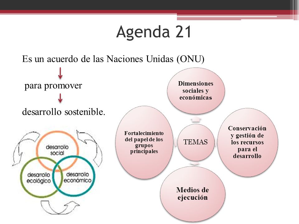 Agenda 21 Es un acuerdo de las Naciones Unidas (ONU) para promover desarrollo sostenible. TEMAS. Dimensiones sociales y económicas.