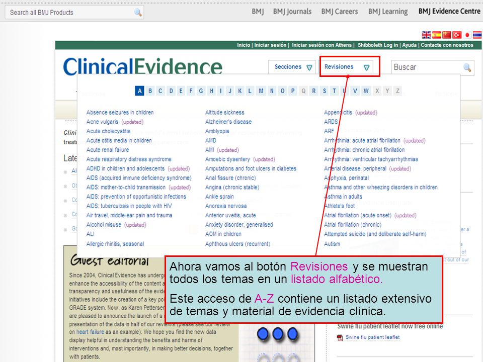 Ahora vamos al botón Revisiones y se muestran todos los temas en un listado alfabético.
