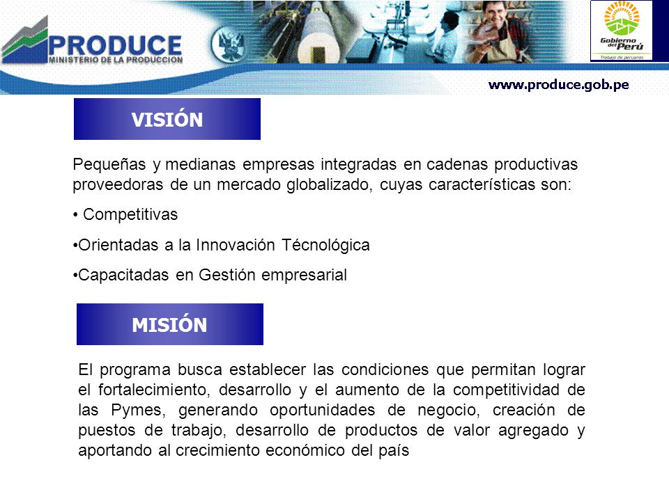 VISIÓN Pequeñas y medianas empresas integradas en cadenas productivas proveedoras de un mercado globalizado, cuyas características son: