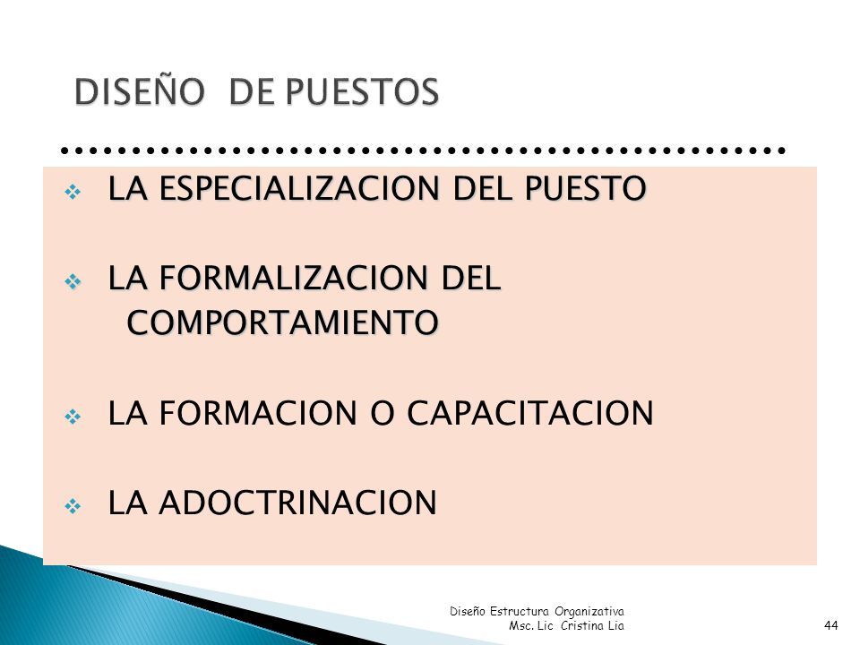 DISEÑO DE PUESTOS LA ESPECIALIZACION DEL PUESTO LA FORMALIZACION DEL