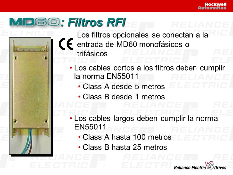 : Filtros RFI Los filtros opcionales se conectan a la entrada de MD60 monofásicos o trifásicos.
