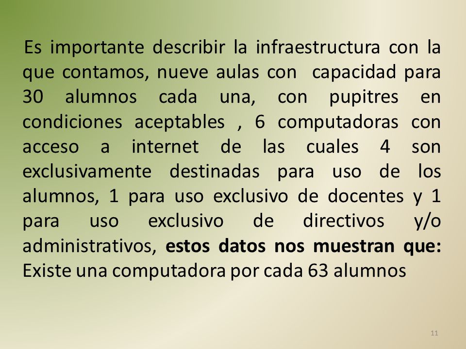 Es importante describir la infraestructura con la que contamos, nueve aulas con capacidad para 30 alumnos cada una, con pupitres en condiciones aceptables , 6 computadoras con acceso a internet de las cuales 4 son exclusivamente destinadas para uso de los alumnos, 1 para uso exclusivo de docentes y 1 para uso exclusivo de directivos y/o administrativos, estos datos nos muestran que: Existe una computadora por cada 63 alumnos