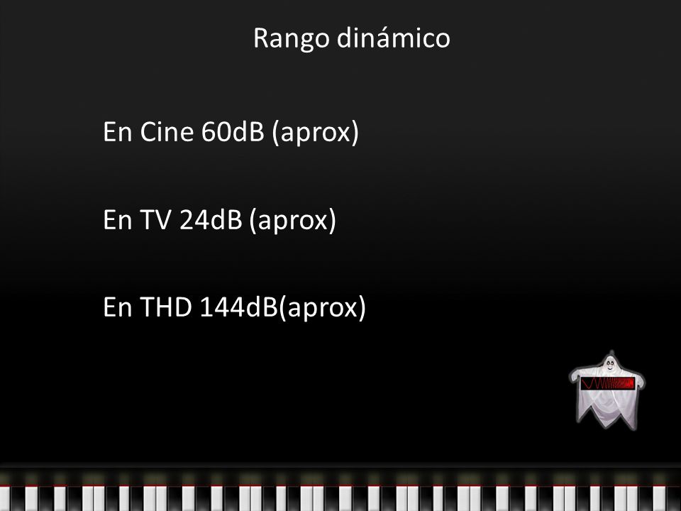 Rango dinámico En Cine 60dB (aprox) En TV 24dB (aprox) En THD 144dB(aprox)