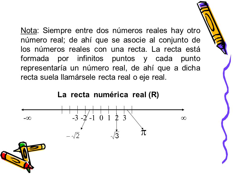Nota: Siempre entre dos números reales hay otro número real; de ahí que se asocie al conjunto de los números reales con una recta. La recta está formada por infinitos puntos y cada punto representaría un número real, de ahí que a dicha recta suela llamársele recta real o eje real.