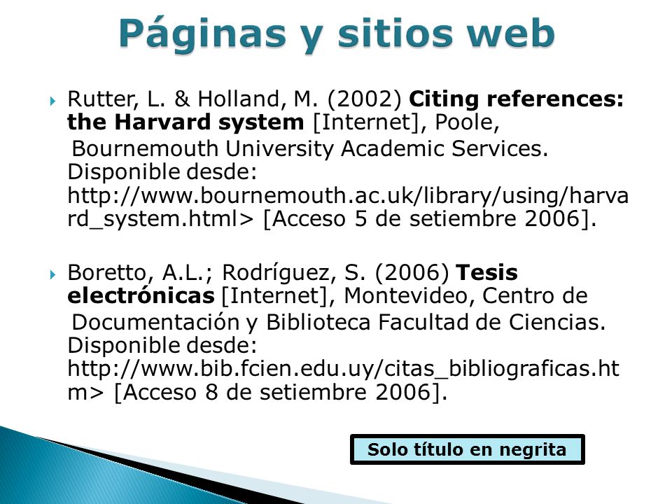 Páginas y sitios web Rutter, L. & Holland, M. (2002) Citing references: the Harvard system [Internet], Poole,