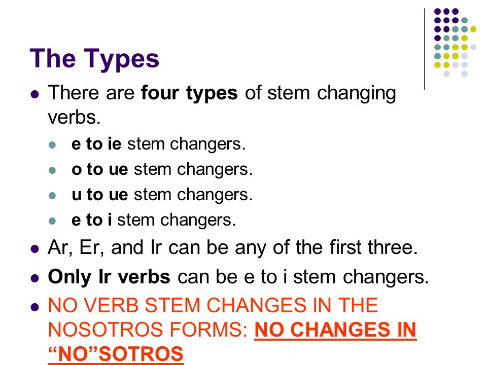 The Types There are four types of stem changing verbs.