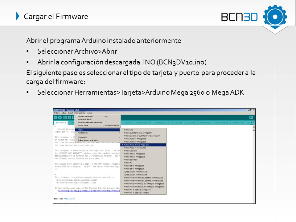 Cargar el Firmware Abrir el programa Arduino instalado anteriormente