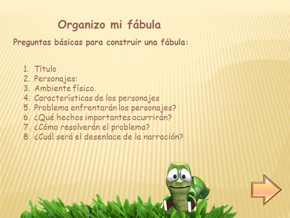Organizo mi fábula Preguntas básicas para construir una fábula: Título