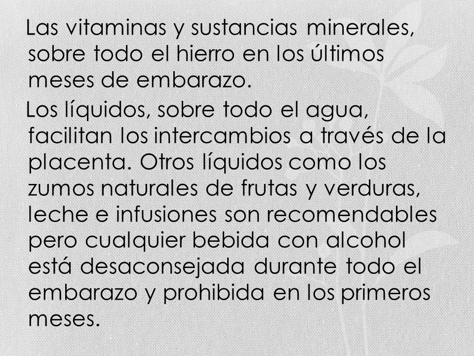 Las vitaminas y sustancias minerales, sobre todo el hierro en los últimos meses de embarazo.