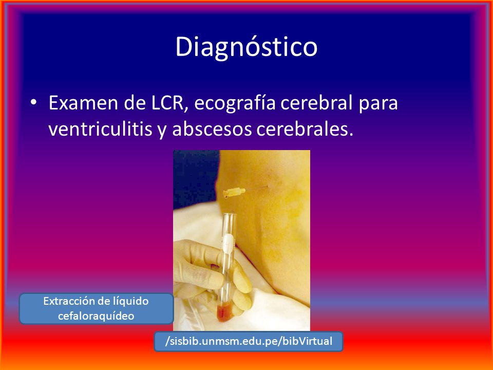 Diagnóstico Examen de LCR, ecografía cerebral para ventriculitis y abscesos cerebrales. Extracción de líquido cefaloraquídeo.