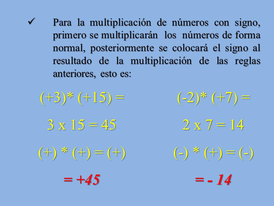 (+3)* (+15) = 3 x 15 = 45 (+) * (+) = (+) = +45 (-2)* (+7) =