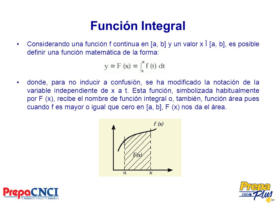 Función Integral Considerando una función f continua en [a, b] y un valor x Î [a, b], es posible definir una función matemática de la forma:
