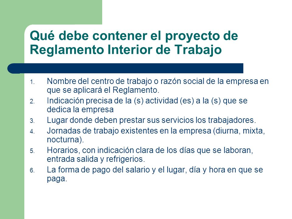 Qué debe contener el proyecto de Reglamento Interior de Trabajo