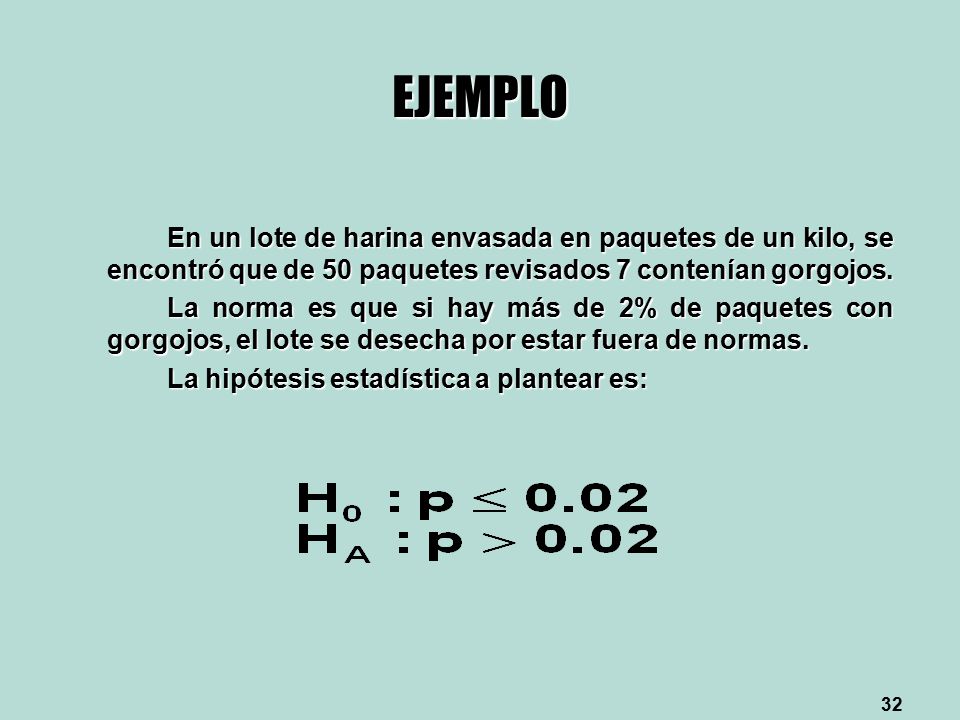 EJEMPLO En un lote de harina envasada en paquetes de un kilo, se encontró que de 50 paquetes revisados 7 contenían gorgojos.