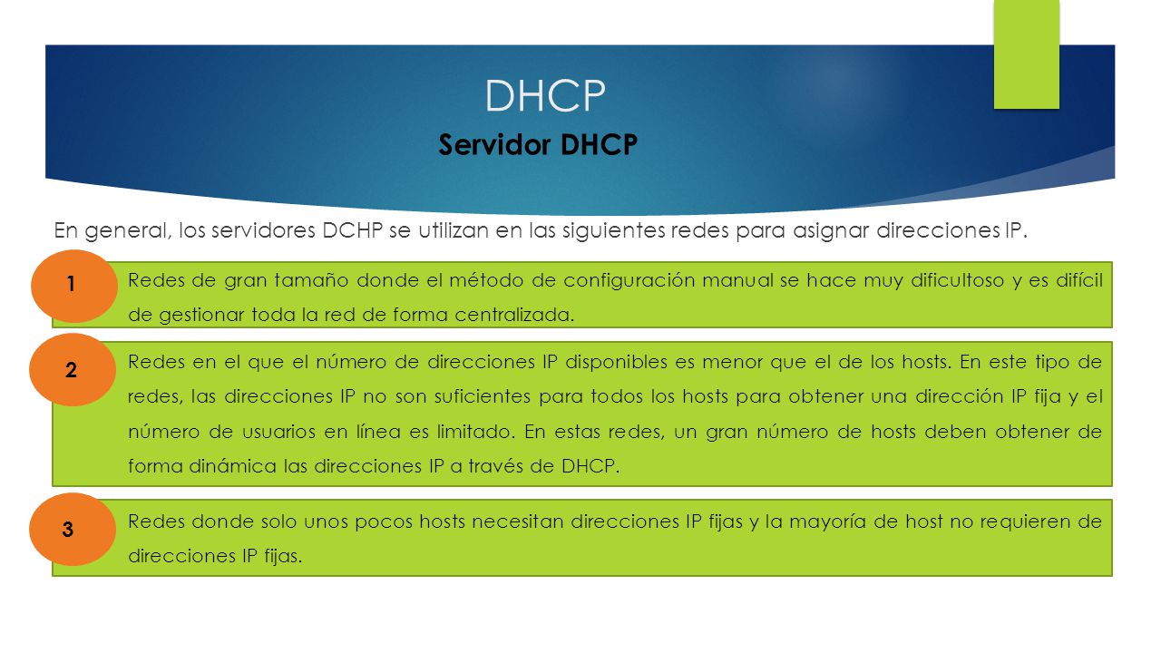 DHCP Servidor DHCP. En general, los servidores DCHP se utilizan en las siguientes redes para asignar direcciones IP.