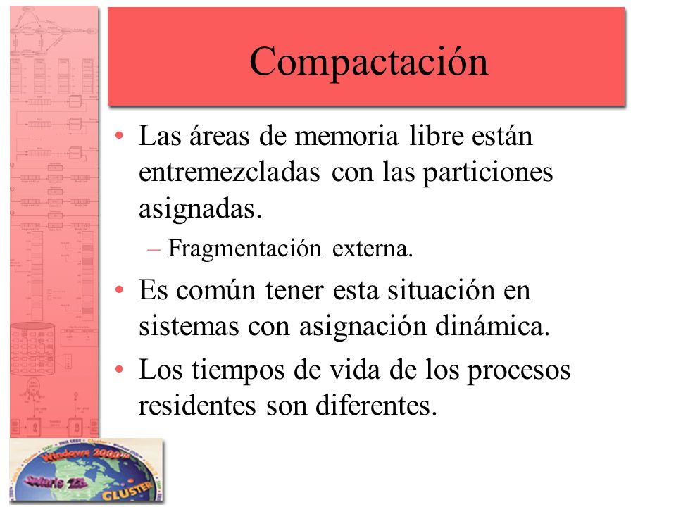 Compactación Las áreas de memoria libre están entremezcladas con las particiones asignadas. Fragmentación externa.