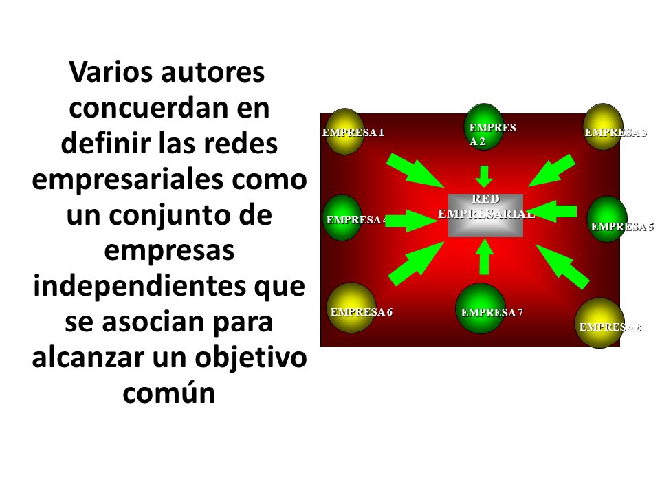 Varios autores concuerdan en definir las redes empresariales como un conjunto de empresas independientes que se asocian para alcanzar un objetivo común