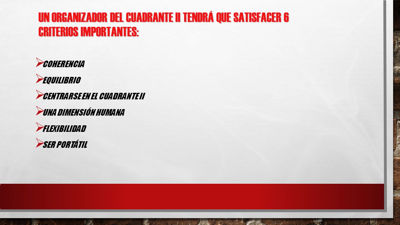 Un organizador del cuadrante II tendrá que satisfacer 6 criterios importantes: