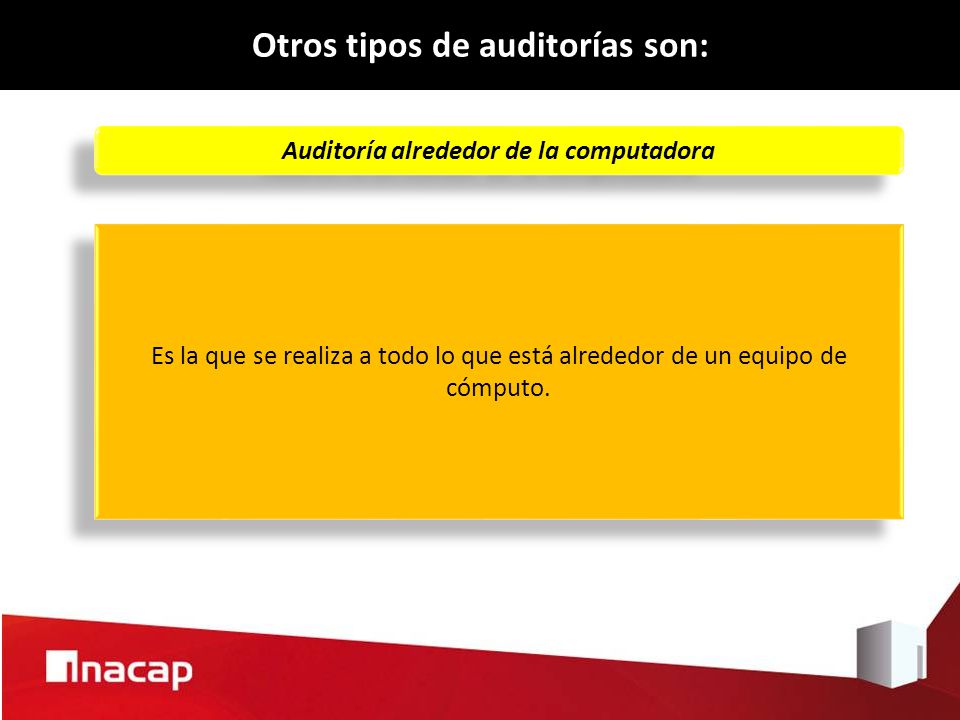 Otros tipos de auditorías son: Auditoría alrededor de la computadora