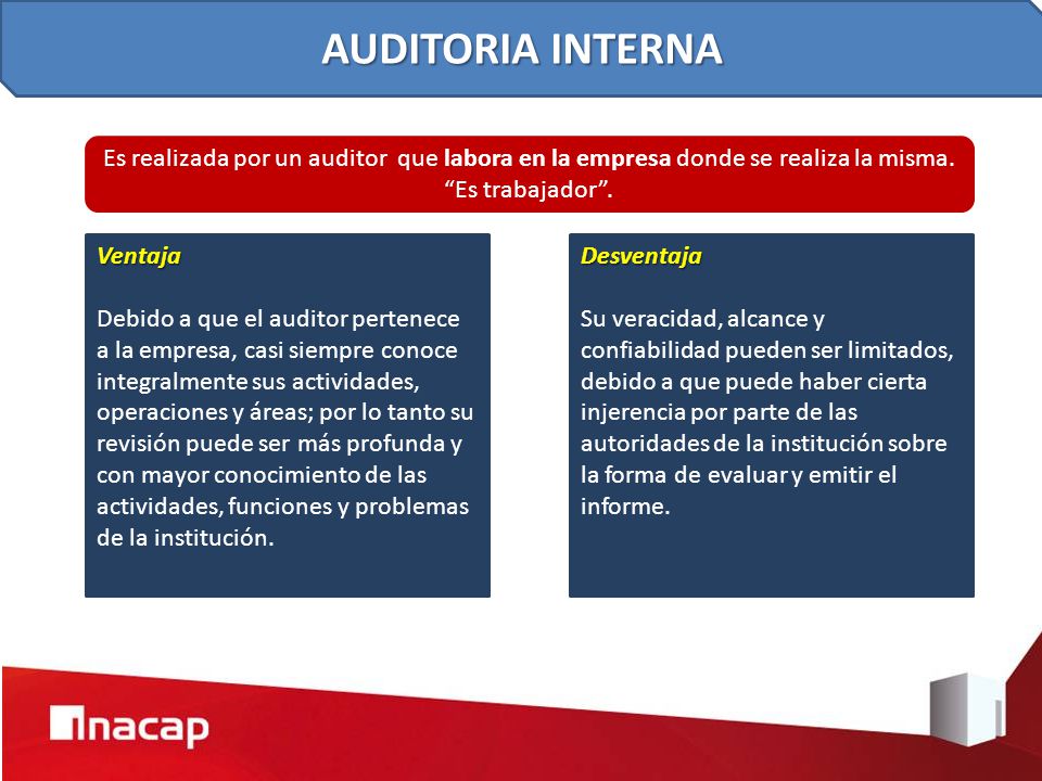 AUDITORIA INTERNA Es realizada por un auditor que labora en la empresa donde se realiza la misma. Es trabajador .