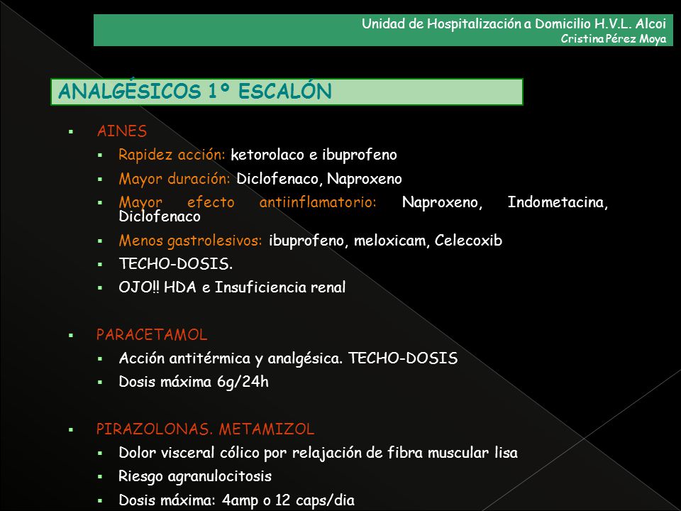 ANALGÉSICOS 1º ESCALÓN AINES Rapidez acción: ketorolaco e ibuprofeno