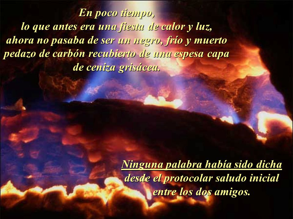 En poco tiempo, lo que antes era una fiesta de calor y luz, ahora no pasaba de ser un negro, frío y muerto pedazo de carbón recubierto de una espesa capa de ceniza grisácea.