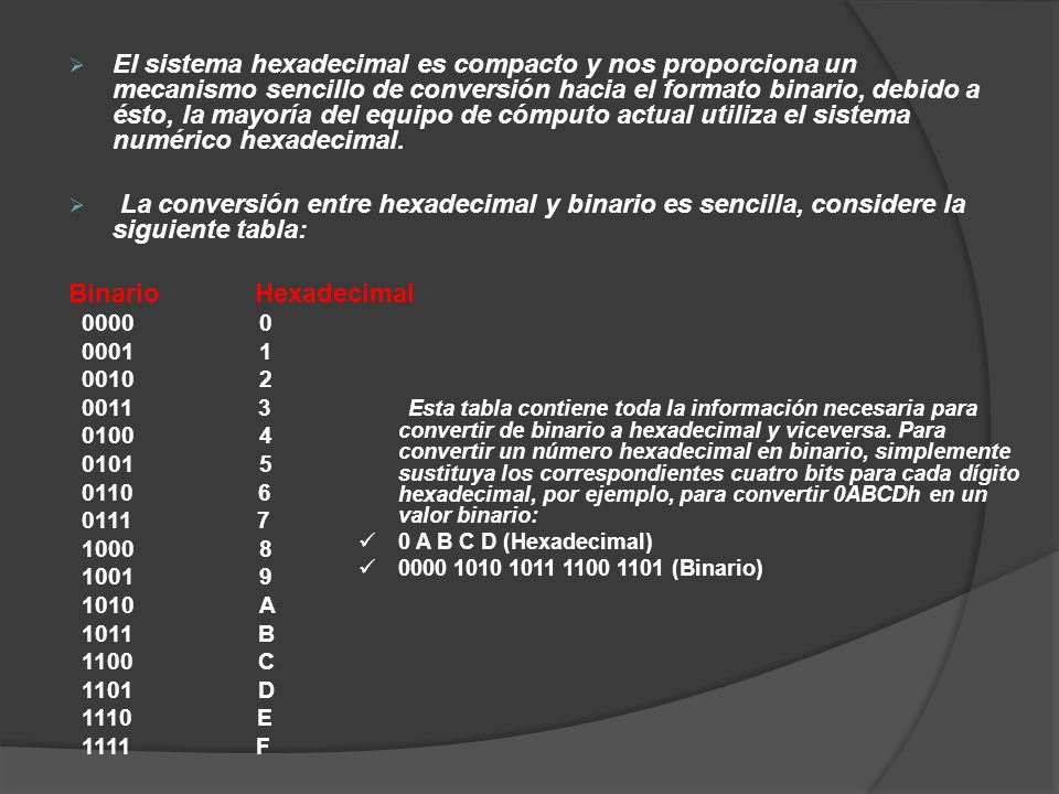 El sistema hexadecimal es compacto y nos proporciona un mecanismo sencillo de conversión hacia el formato binario, debido a ésto, la mayoría del equipo de cómputo actual utiliza el sistema numérico hexadecimal.