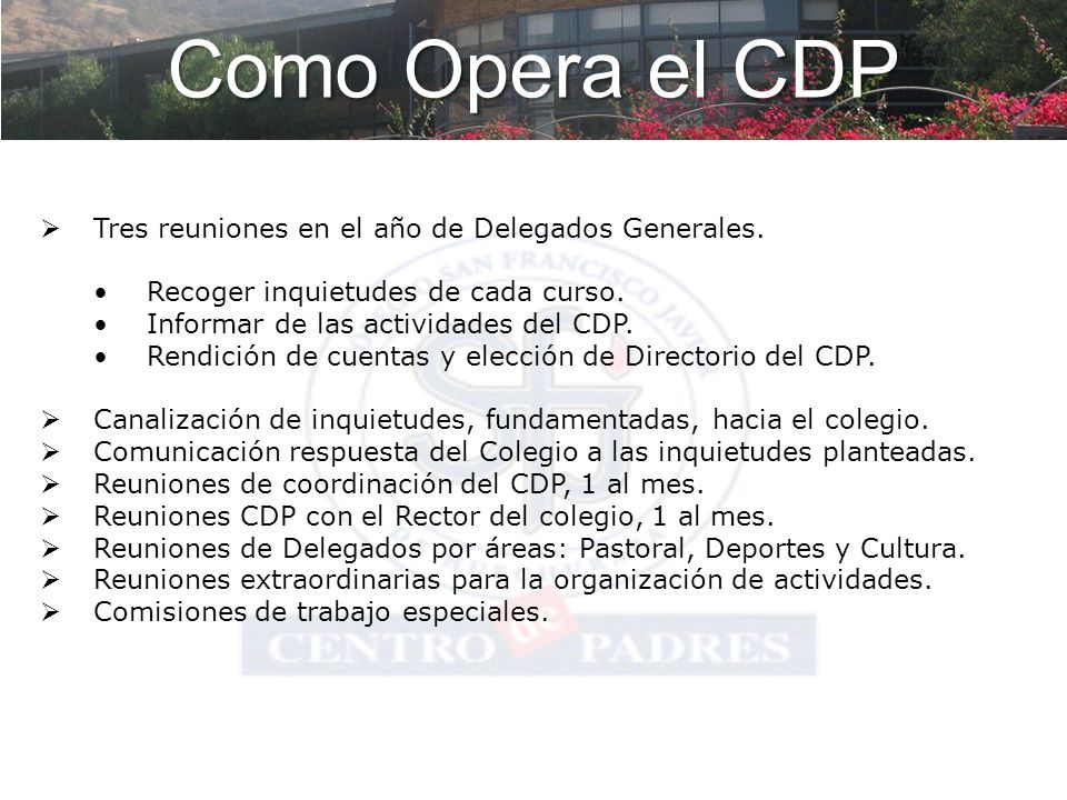 Como Opera el CDP Tres reuniones en el año de Delegados Generales.