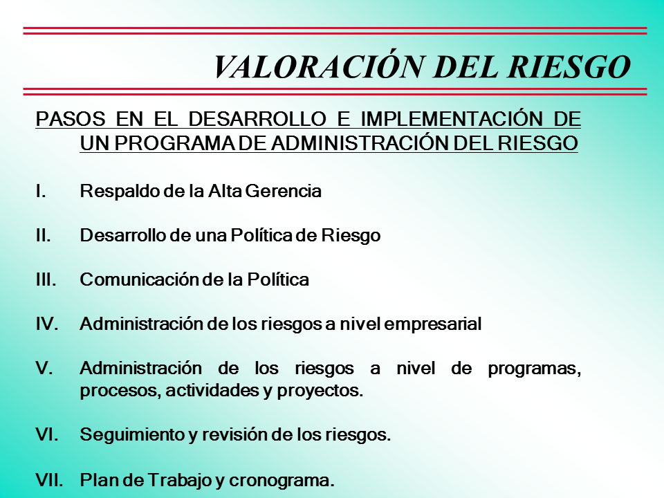 VALORACIÓN DEL RIESGO PASOS EN EL DESARROLLO E IMPLEMENTACIÓN DE UN PROGRAMA DE ADMINISTRACIÓN DEL RIESGO.
