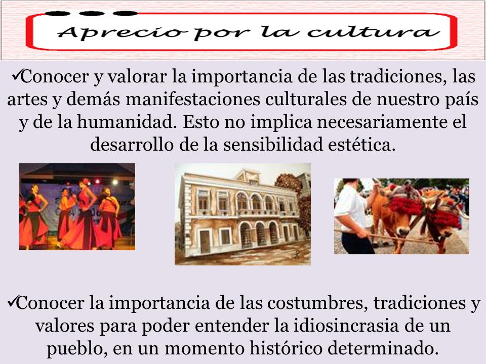 Conocer y valorar la importancia de las tradiciones, las artes y demás manifestaciones culturales de nuestro país y de la humanidad. Esto no implica necesariamente el desarrollo de la sensibilidad estética.