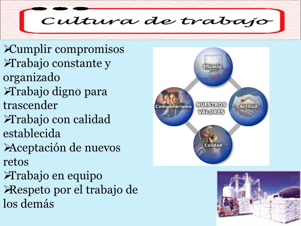 Cumplir compromisos Trabajo constante y organizado. Trabajo digno para trascender. Trabajo con calidad establecida.