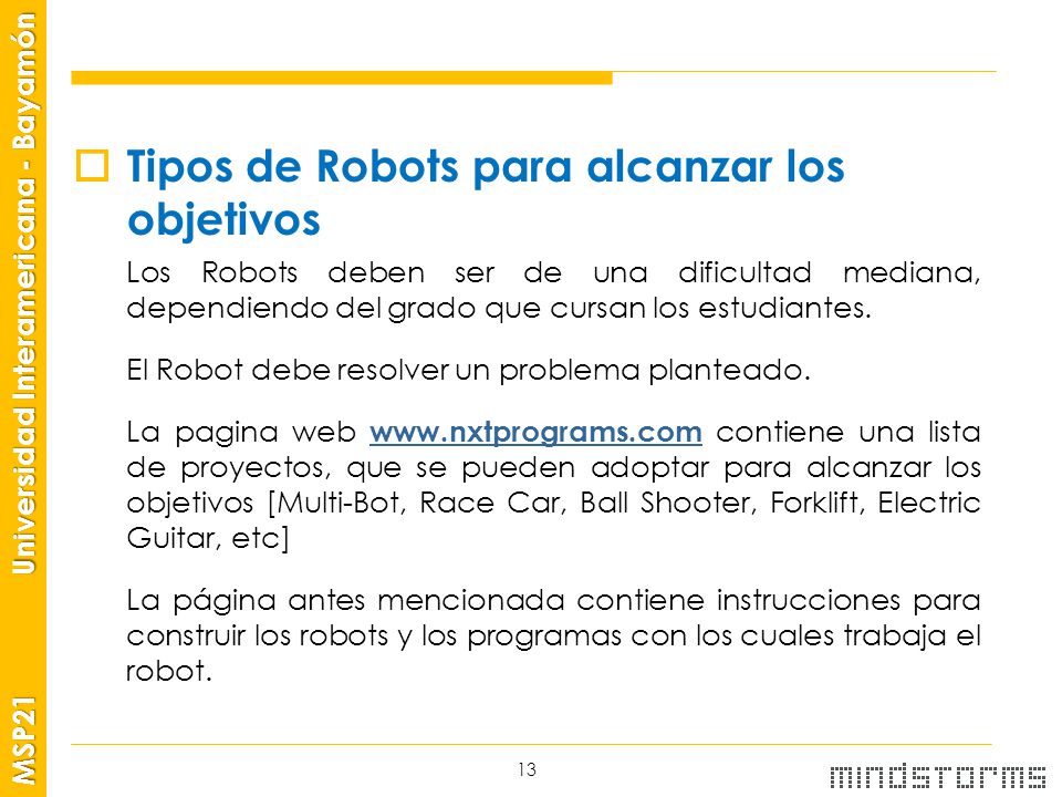 Tipos de Robots para alcanzar los objetivos