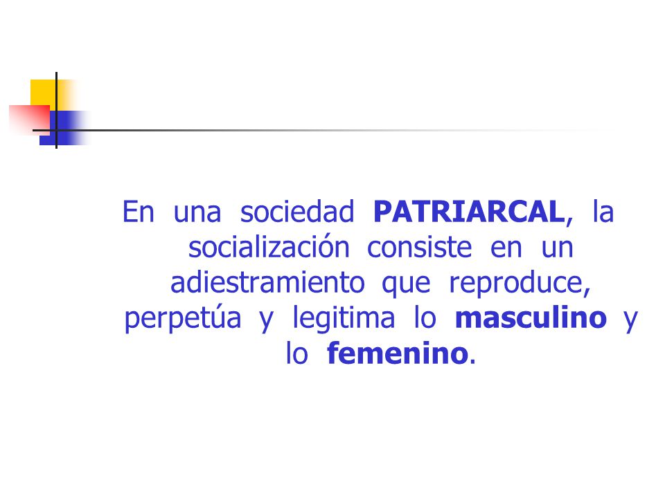 En una sociedad PATRIARCAL, la socialización consiste en un adiestramiento que reproduce, perpetúa y legitima lo masculino y lo femenino.